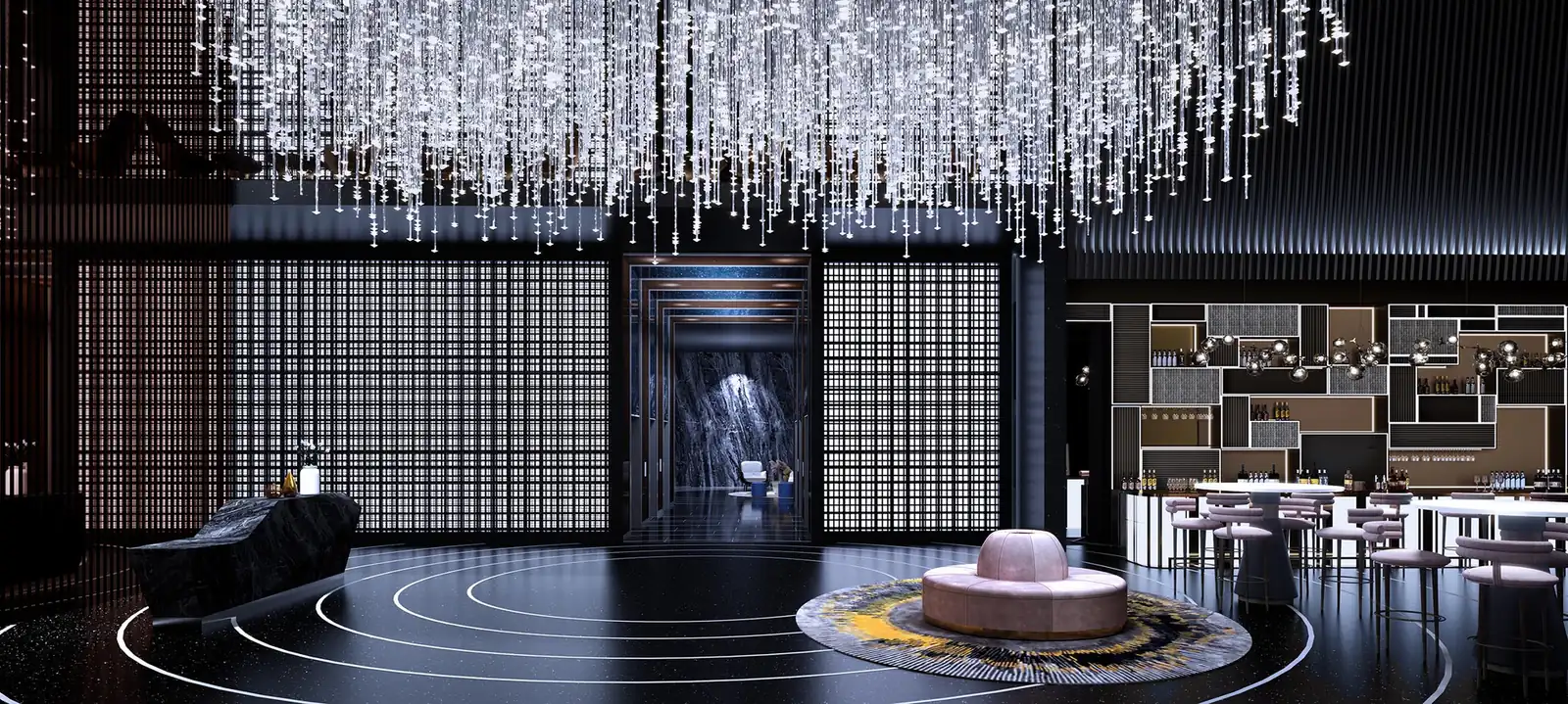 Orion Residence ground floor lobby, marble and brass finishes